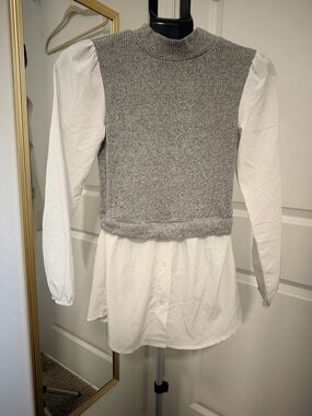Grey Knit Vest Layered Over White Shirt Blouse